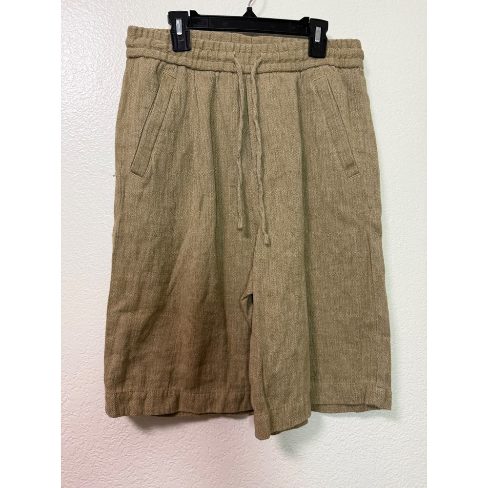 Zara Womens Khaki Linen Blend High Rise Drawstring Long Bermuda Shorts Size S